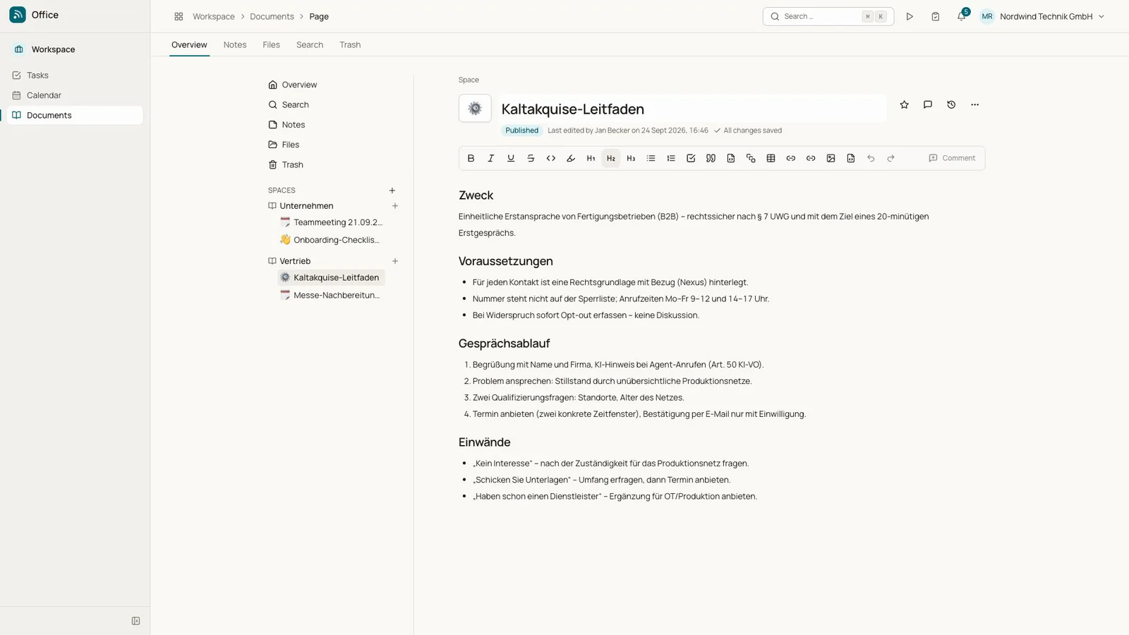 Ein Kaltakquise-Leitfaden in den BizCortex-Dokumenten
